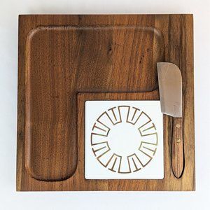 Walnut Wood Square Charcuterie Cheese Board Ceramic Trivet & Knife Cheese Tray